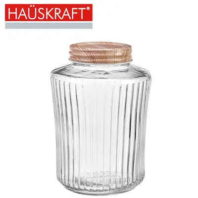 POTE DE VIDRO REDONDO COM TAMPA HERMETICA DE METAL TIPO MADEIRA ELEGANCE HAUSKRAFT 980ML