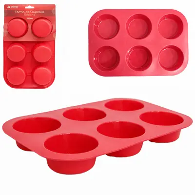 FORMA DE SILICONE RETANGULAR PARA CUPCAKE COM 6 CAVIDADES VERMELHO 25,5X17X3CM