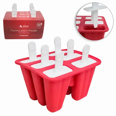 FORMA DE SILICONE PARA PICOLE / SORVETE COM 6 CAVIDADES + CABO PLASTICO 14X12,5X9CM