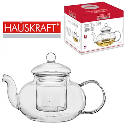 CHALEIRA DE VIDRO BOROSSILICATO LISO COM INFUSOR HAUSKRAFT 400ML NA CAIXA