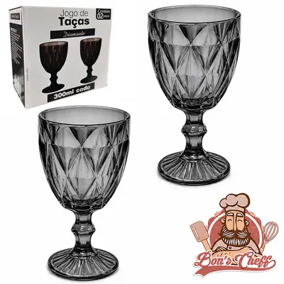 JOGO DE TACA DE VIDRO PARA AGUA / VINHO DIAMANTE FUME COM 2 PECAS 300ML BONS CHEFF