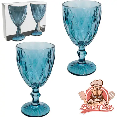 JOGO DE TACA DE VIDRO PARA AGUA / VINHO DIAMANTE AZUL COM 2 PECAS 300ML BONS CHEFF