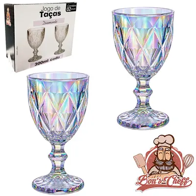 JOGO DE TACA DE VIDRO PARA AGUA / VINHO DIAMANTE CINTILANTE COM 2 PECAS 300ML BONS CHEFF