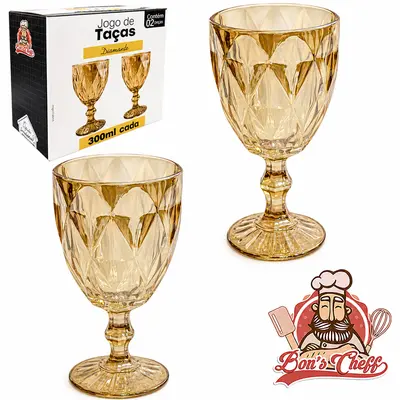 JOGO DE TACA DE VIDRO PARA AGUA / VINHO DIAMANTE AMBAR COM 2 PECAS 300ML BONS CHEFF