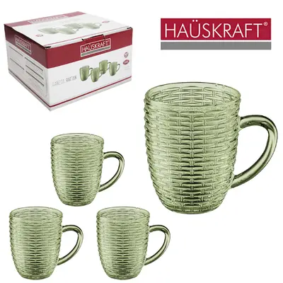 JOGO DE CANECA XICARA DE VIDRO PARA CAFE / CAPPUCCINO RATTAN VERDE HAUSKRAFT COM 4 PECAS 290ML