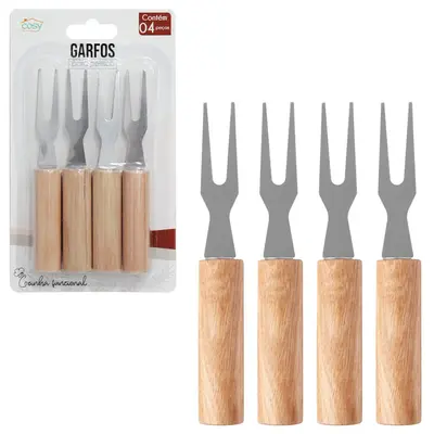 GARFO / GARFINHO PARA FRUTAS E PETISCOS DE INOX CABO MADEIRA COM 4 PECAS 10,5CM