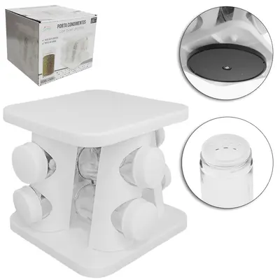 PORTA CONDIMENTO DE VIDRO / PLASTICO COM 8 PECAS 90ML + SUPORTE GIRATORIO QUADRADO