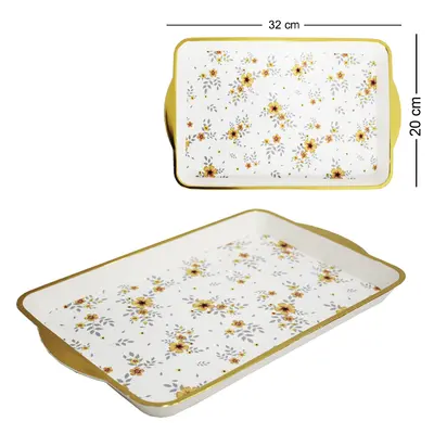 BANDEJA DE PLASTICO RETANGULAR FLORAL COM BORDA DOURADA 32,2X20,3X2CM