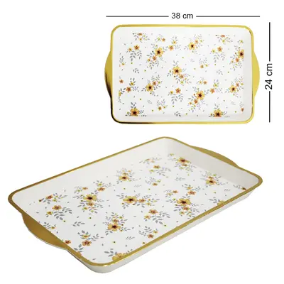 BANDEJA DE PLASTICO RETANGULAR FLORAL COM BORDA DOURADA 38X24,7X2,5CM