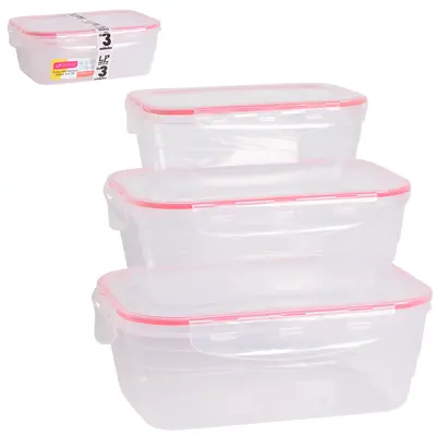 CONJUNTO DE POTE DE PLASTICO RETANGULAR COM TAMPA HERMETICA E TRAVA VERMELHO COM 3 PECAS 1500 / 1000 / 500ML