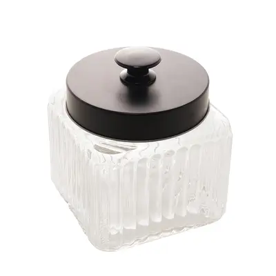 POTE DE VIDRO QUADRADO PARA MANTIMENTOS COM TAMPA DE METAL PRETA VEGAS 800ML