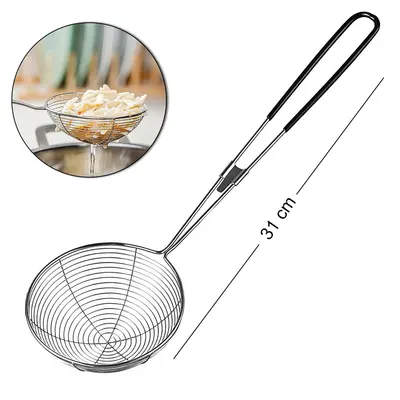 ESCUMADEIRA DE INOX ARAMADA PARA FRITURA CABO EMBORRACHADO 31X10CM DE Ø
