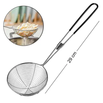 ESCUMADEIRA DE INOX ARAMADA PARA FRITURA CABO EMBORRACHADO 29X7,5CM DE Ø