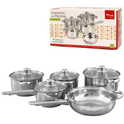 CONJUNTO DE PANELAS DE INOX ANTIADERENTE COM TAMPA DE VIDRO 5 PECAS