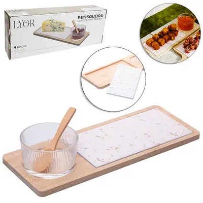 CONJUNTO PETISQUEIRA DE VIDRO + BANDEJA E COLHER DE BAMBU E TABUA TERRAZO 32X12X5,5CM