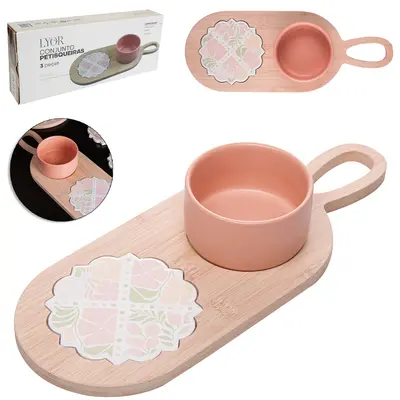CONJUNTO PETISQUEIRA DE PORCELANA + BANDEJA DE BAMBU E TABUA FLORAL 33X23X5,5CM