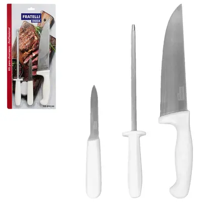CONJUNTO DE FACA DE CHURRASCO + CHAIRA DE INOX CABO PLASTICO BRANCO 3 PECAS