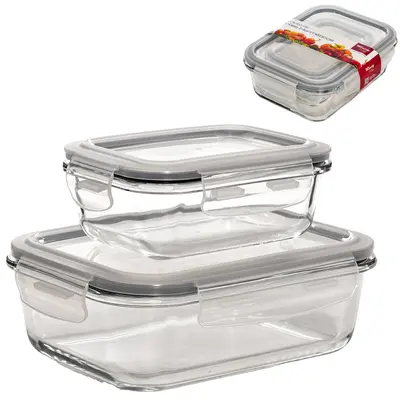 CONJUNTO DE POTE DE VIDRO BOROSSILICATO RETANGULAR COM TAMPA HERMETICA E TRAVA 2 PECAS 1040/370ML
