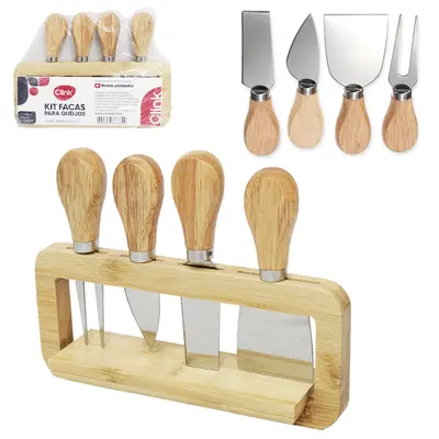 CONJUNTO PARA QUEIJO E FRIOS COM ESPATULA + GARFO + 2 FACAS DE INOX E SUPORTE DE BAMBU