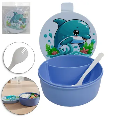 MARMITA DE PLASTICO GOLFINHO COM 2 DIVISORIAS + COLHER GARFO 15,5X14X7CM