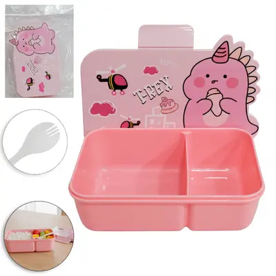 MARMITA DE PLASTICO DINOSSAURO COM 2 DIVISORIAS + COLHER GARFO ROSA 18X11X5,5CM