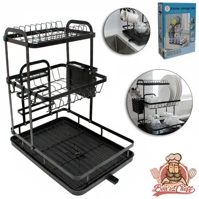 ESCORREDOR SECADOR DE PRATOS 3 ANDARES ARAMADO COM BANDEJA + PORTA TALHER E DRENO BLACK 47,5X40,5X28,5CM BONS CHEFF