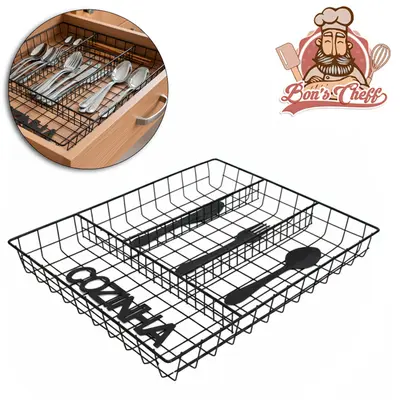 PORTA TALHER DE GAVETA ARAMADO TALHERES COZINHA COM 4 DIVISORIAS BLACK 33X26X4CM BONS CHEFF