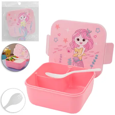 MARMITA DE PLASTICO SEREIA COM 2 DIVISORIAS + COLHER GARFO ROSA 16X14X6CM
