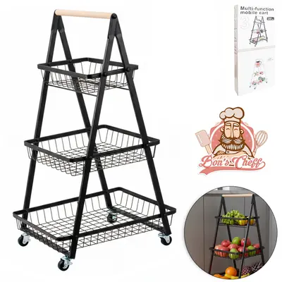 FRUTEIRA DE PISO ARAMADO COM ALCA DE MADEIRA 3 ANDARES COM RODIZIO BLACK 80X49X31CM BONS CHEFF