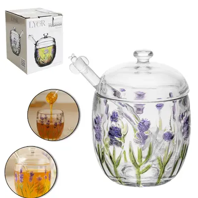 PORTA MEL / MELEIRA DE VIDRO CRISTAL LAVANDA HAND PAINTING COM TAMPA + PEGADOR DE ACRILICO 210ML 11X8,5CM DE Ø