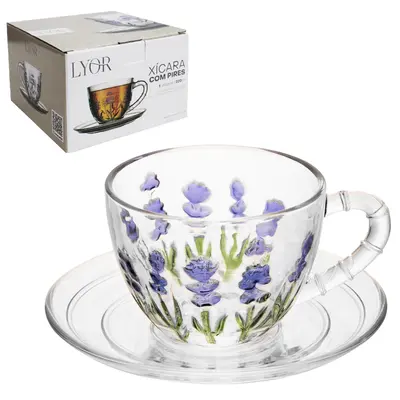 XICARA DE VIDRO CRISTAL COM PIRES PARA CHA LAVANDA HAND PAINTING 220ML