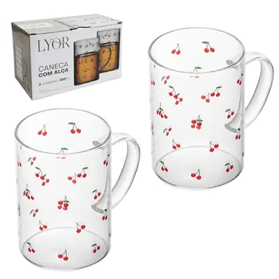 JOGO DE CANECA XICARA DE VIDRO BOROSSILICATO PARA CAFE CAPPUCCINO CHERRY CEREJA COM 2 PECAS 280ML