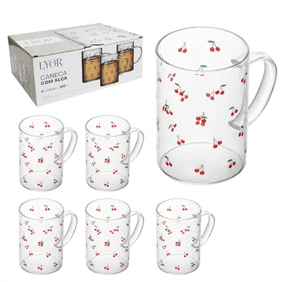 JOGO DE CANECA XICARA DE VIDRO BOROSSILICATO PARA CAFE / CAPPUCCINO CHERRY CEREJA COM 6 PECAS 200ML