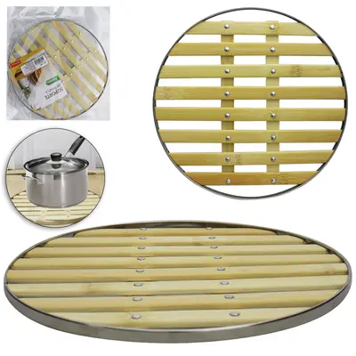 DESCANSO DE PANELA DE BAMBU REDONDO COM BORDA DE INOX 26CM DE Ø