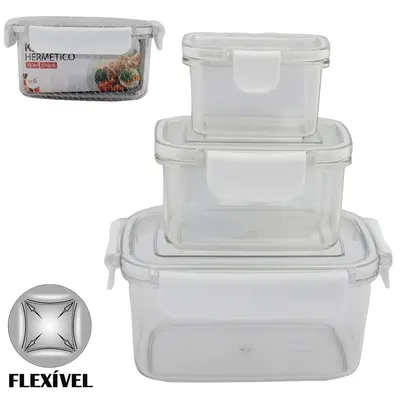 CONJUNTO DE POTE DE PLASTICO PET FLEXIVEL RETANGULAR COM TAMPA HERMETICA E TRAVA 3 PECAS 350/150/50ML