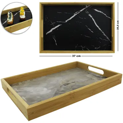 BANDEJA DE BAMBU COM FUNDO MARMORE RETANGULAR PLANA COM ALCA 37X25,5X3,5CM