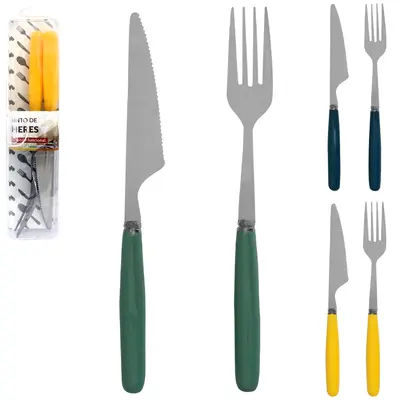 CONJUNTO DE TALHER COM GARFO + FACA DE INOX CABO PLASTICO 2 PECAS NO ESTOJO