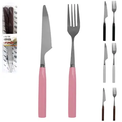 CONJUNTO DE TALHER COM GARFO + FACA DE INOX CABO PLASTICO 2 PECAS NO ESTOJO