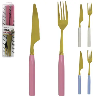 CONJUNTO DE TALHER COM GARFO + FACA DOURADO DE INOX CABO PLASTICO 2 PECAS NO ESTOJO