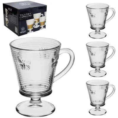 JOGO DE CANECA XICARA DE VIDRO PARA CAFE / CAPPUCCINO BUTTERFLY WOLFF COM 4 PECAS 240ML