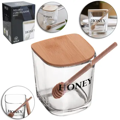 PORTA MEL / MELEIRA DE VIDRO COM TAMPA + PEGADOR DE BAMBU BASIC HONEY WOLFF 350ML