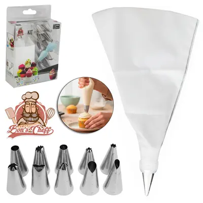 DECORADOR DE BOLO SACO DE PLASTICO PARA CONFEITAR COM 12 BICOS DE INOX BONS CHEFF