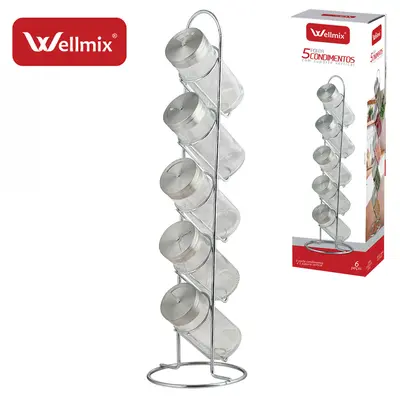 PORTA CONDIMENTO DE VIDRO COM 5 PECAS 90ML + SUPORTE ARAMADO VERTICAL CROMADO