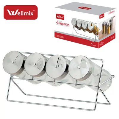PORTA CONDIMENTO DE VIDRO COM 4 PECAS 90ML + SUPORTE ARAMADO HORIZONTAL CROMADO