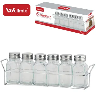 PORTA CONDIMENTO DE VIDRO COM 6 PECAS 90ML + SUPORTE ARAMADO CROMADO
