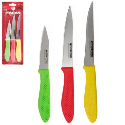 CONJUNTO DE FACA DE COZINHA DE INOX CABO PLASTICO 3 PECAS