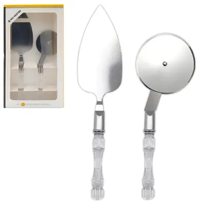 CONJUNTO PARA PIZZA ( LANCHE ) COM ESPATULA 25CM + CORTADOR 19CM DE INOX CABO ACRILICO