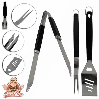 CONJUNTO DE CHURRASCO COM PEGADOR + GARFO E ESPATULA DE INOX CABO PLASTICO PRETO