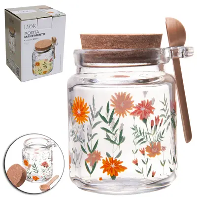 ACUCAREIRO / PORTA CONDIMENTO DE VIDRO REDONDO COM ALCA + COLHER DE BAMBU E TAMPA CORTICA FLORA 240ML