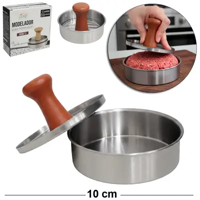 FORMA MODELADORA DE INOX PARA HAMBURGUER CABO MADEIRA 10CM DE Ø